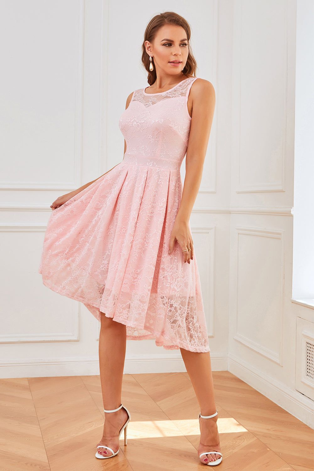 Pink Sleeveless Lace Dress sold by Zapaka product image thumbnail 3