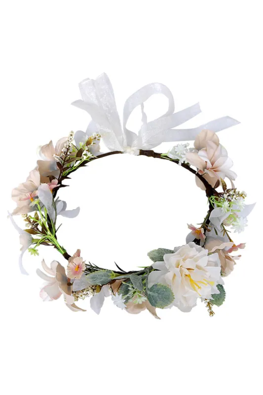 Champagne Floral Wreath Garland Bride Headband with Ribbon sold by Zapaka