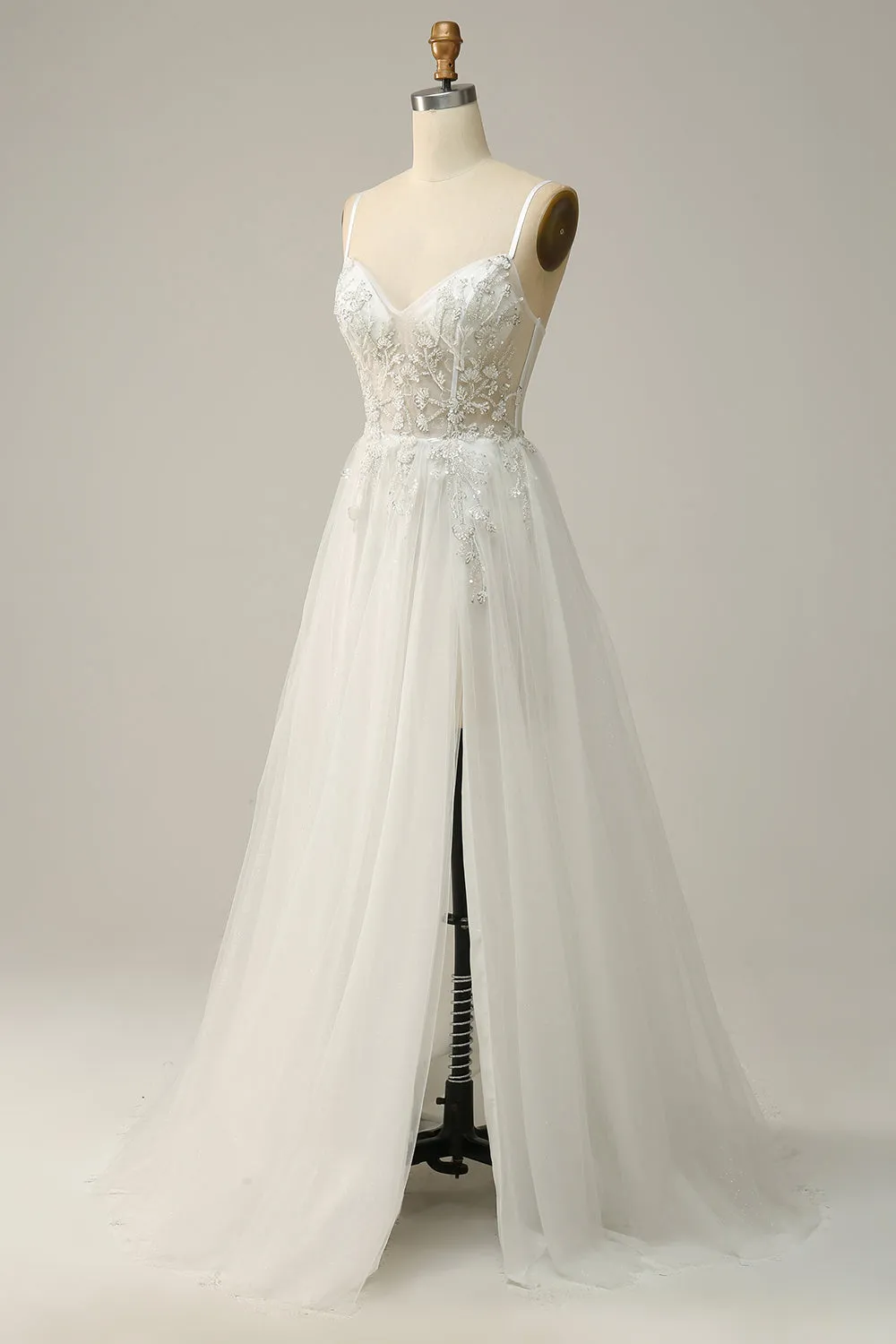 A Line Spaghetti Straps White Long Bridal Dress with Appliques sold by Zapaka product image thumbnail 3
