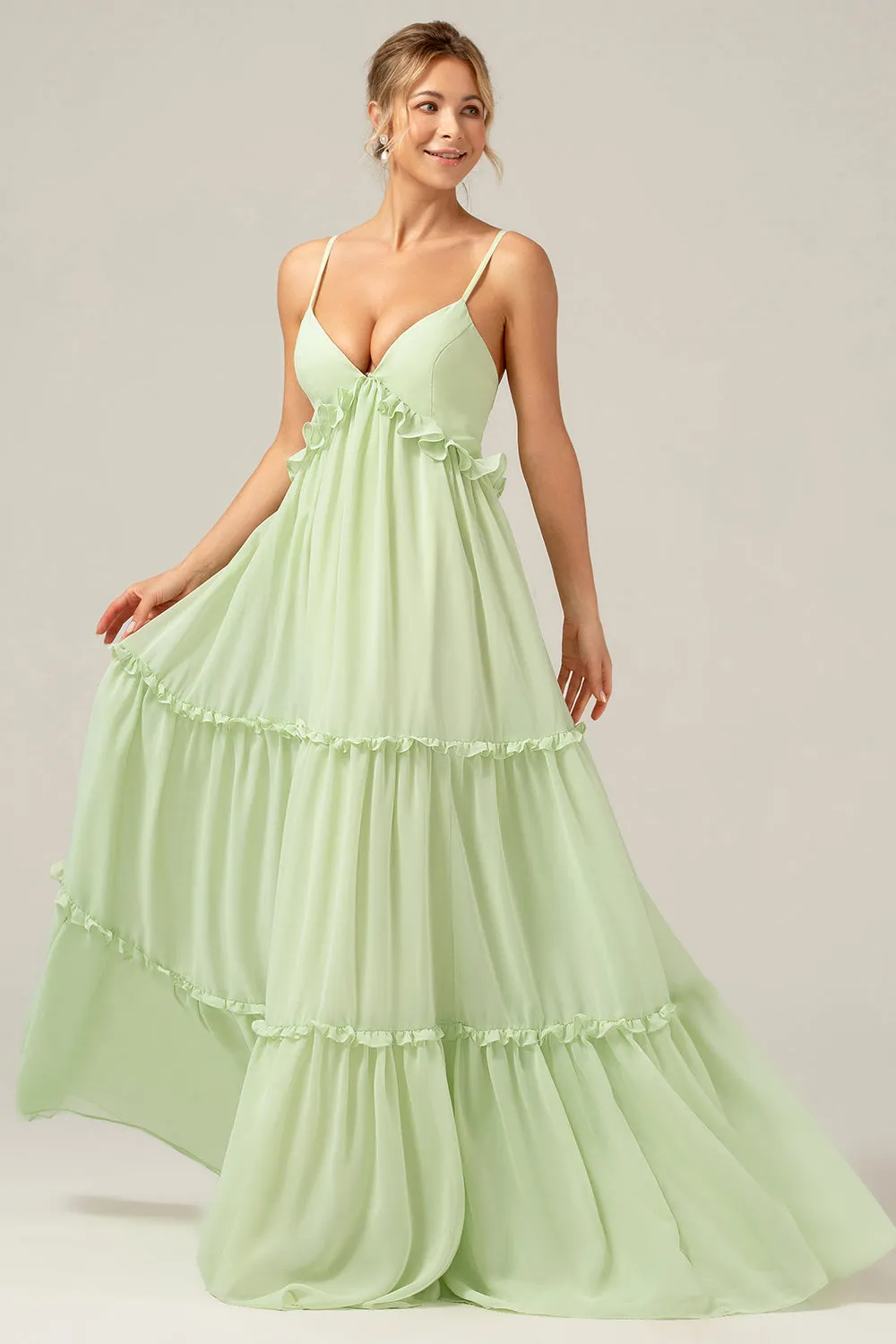 Green A Line Ruffles Long Maternity Bridesmaid Dress with Lace-up Back sold by Zapaka