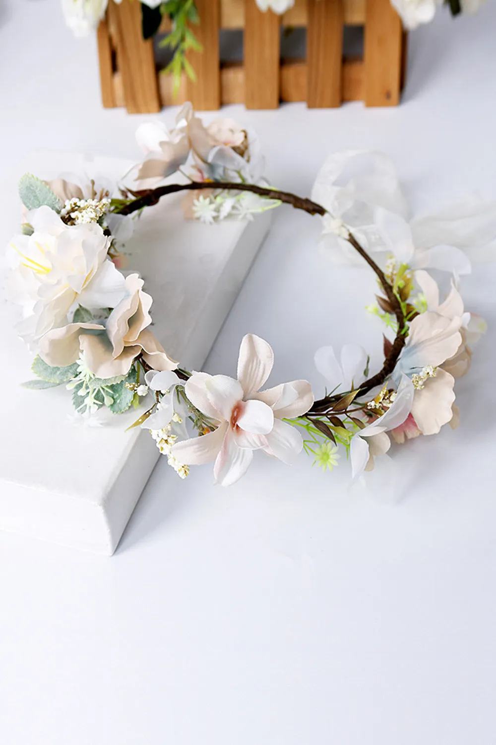 Champagne Floral Wreath Garland Bride Headband with Ribbon sold by Zapaka product image thumbnail 2
