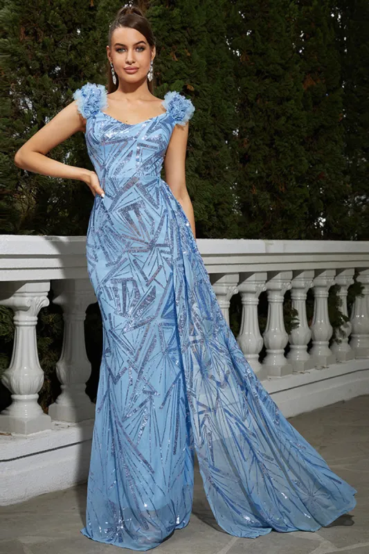 Sparkly Blue Sequined Mermaid Long Prom Dress sold by Zapaka