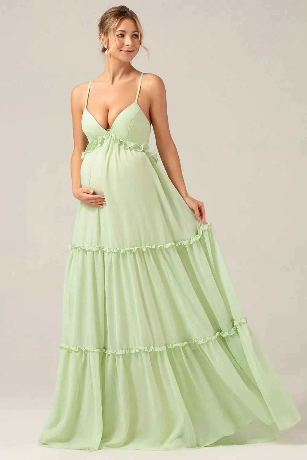 Green A Line Ruffles Long Maternity Bridesmaid Dress with Lace-up Back sold by Zapaka product image thumbnail 3
