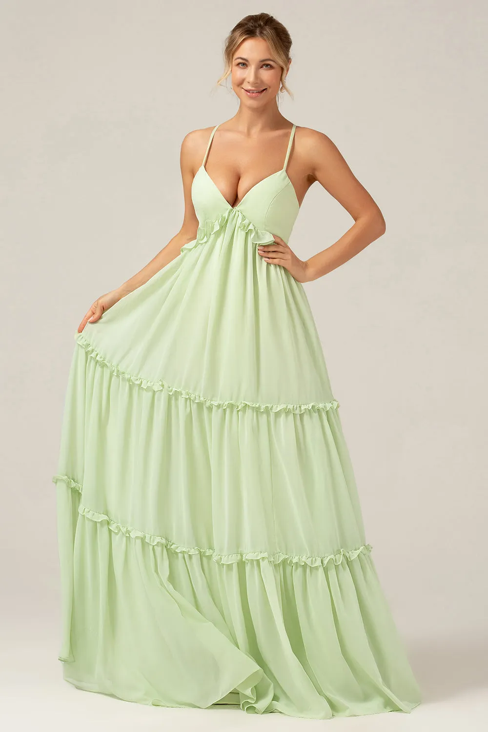 Green A Line Ruffles Long Maternity Bridesmaid Dress with Lace-up Back sold by Zapaka product image thumbnail 4