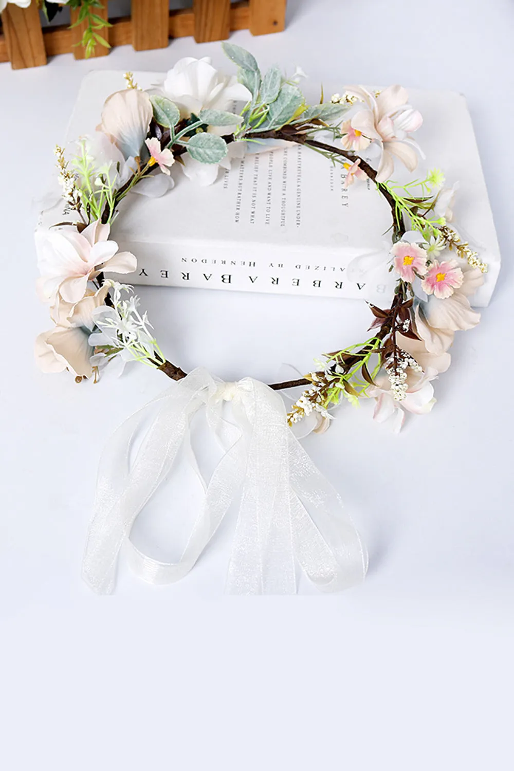 Champagne Floral Wreath Garland Bride Headband with Ribbon sold by Zapaka product image thumbnail 3