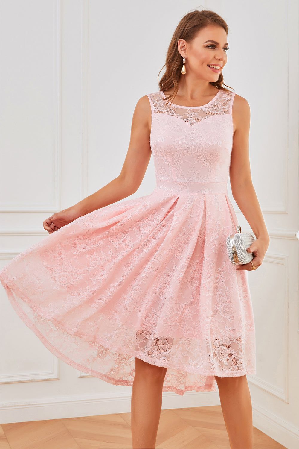 Pink Sleeveless Lace Dress sold by Zapaka product image thumbnail 4