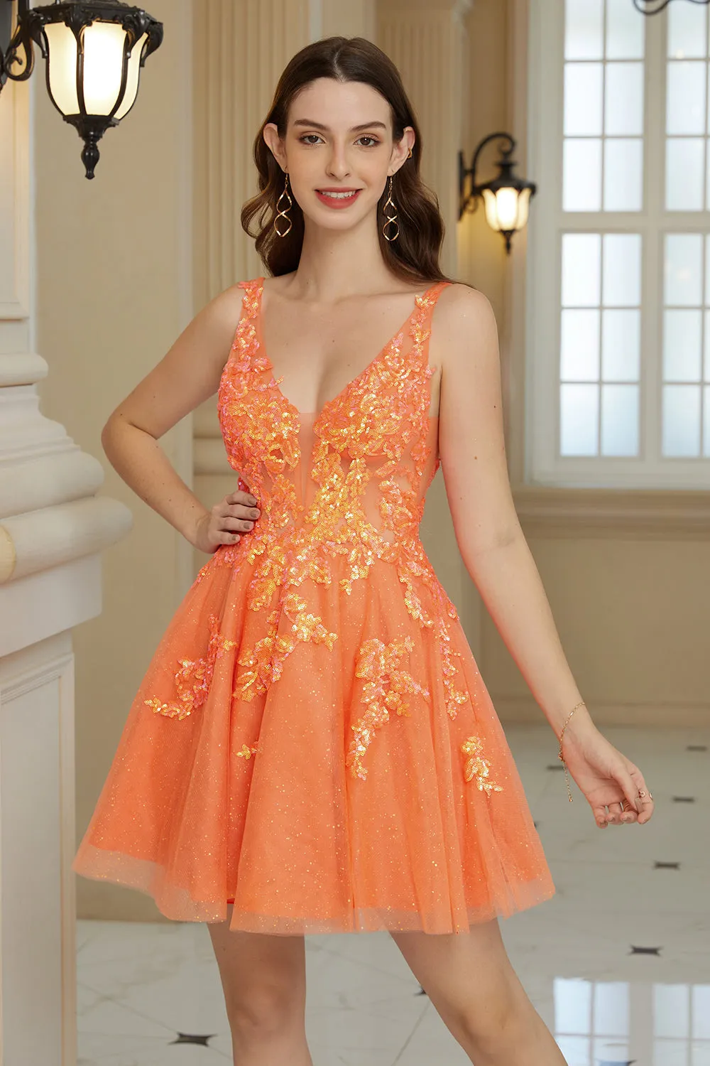 Sparkly Orange A Line Glitter Homecoming Dress with Sequins sold by Zapaka product image thumbnail 3