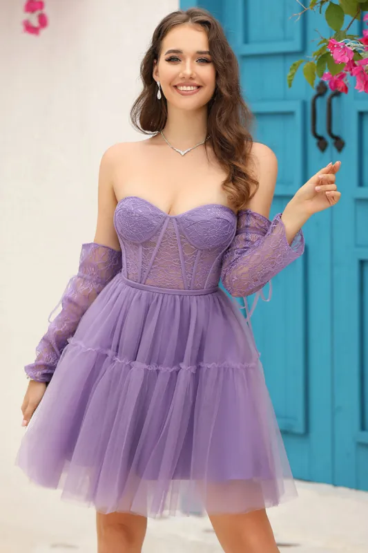 Purple Corset Detachable Long Sleeves A-Line Homecoming Dress sold by Zapaka