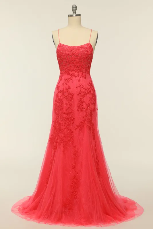 Coral Backless Long Prom Dress with Appliques made by Zapaka