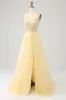 Tulle Beaded Light Yellow Prom Dress with Slit sold by Zapaka
