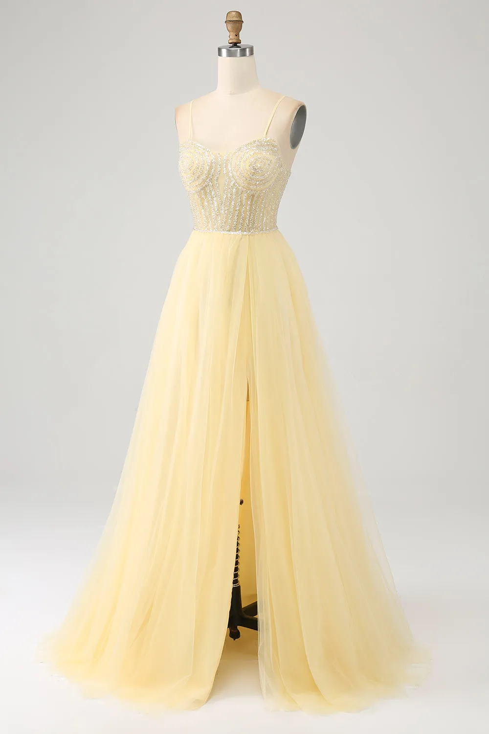 Tulle Beaded Light Yellow Prom Dress with Slit sold by Zapaka product image thumbnail 3