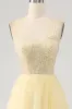Tulle Beaded Light Yellow Prom Dress with Slit sold by Zapaka
