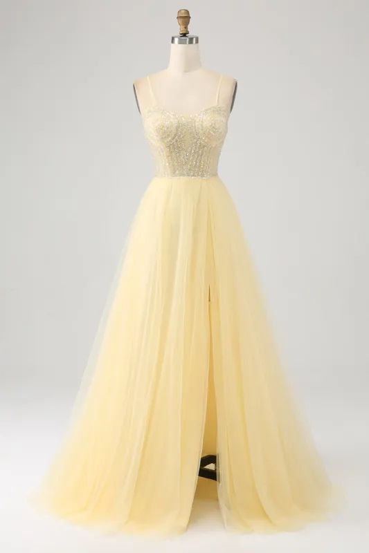 Tulle Beaded Light Yellow Prom Dress with Slit sold by Zapaka