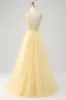 Tulle Beaded Light Yellow Prom Dress with Slit sold by Zapaka