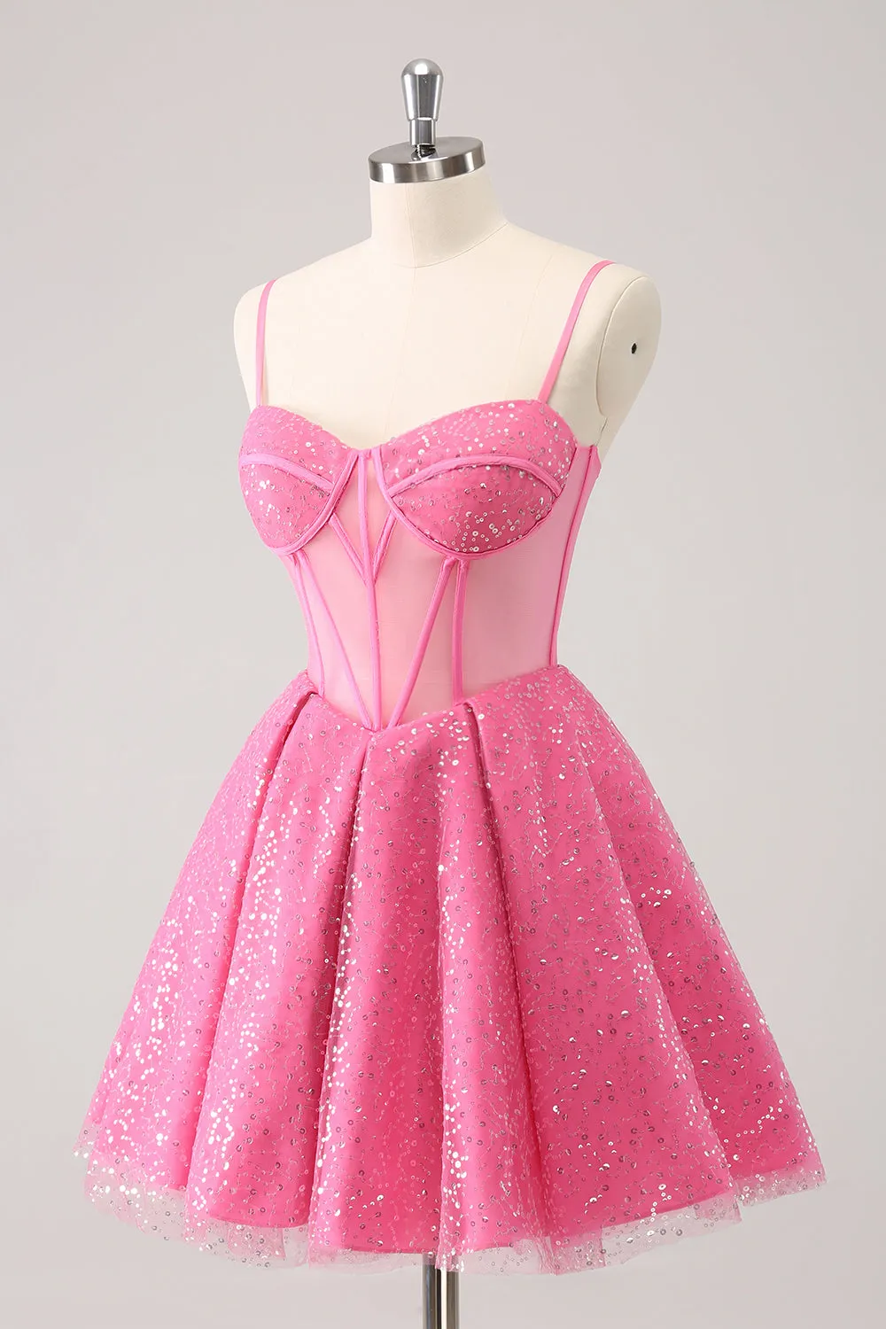 Pink A-Line Spaghetti Straps Corset Cocktail Dress with Sequins sold by Zapaka product image thumbnail 3