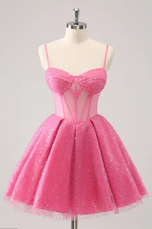 Pink A-Line Spaghetti Straps Corset Cocktail Dress with Sequins sold by Zapaka