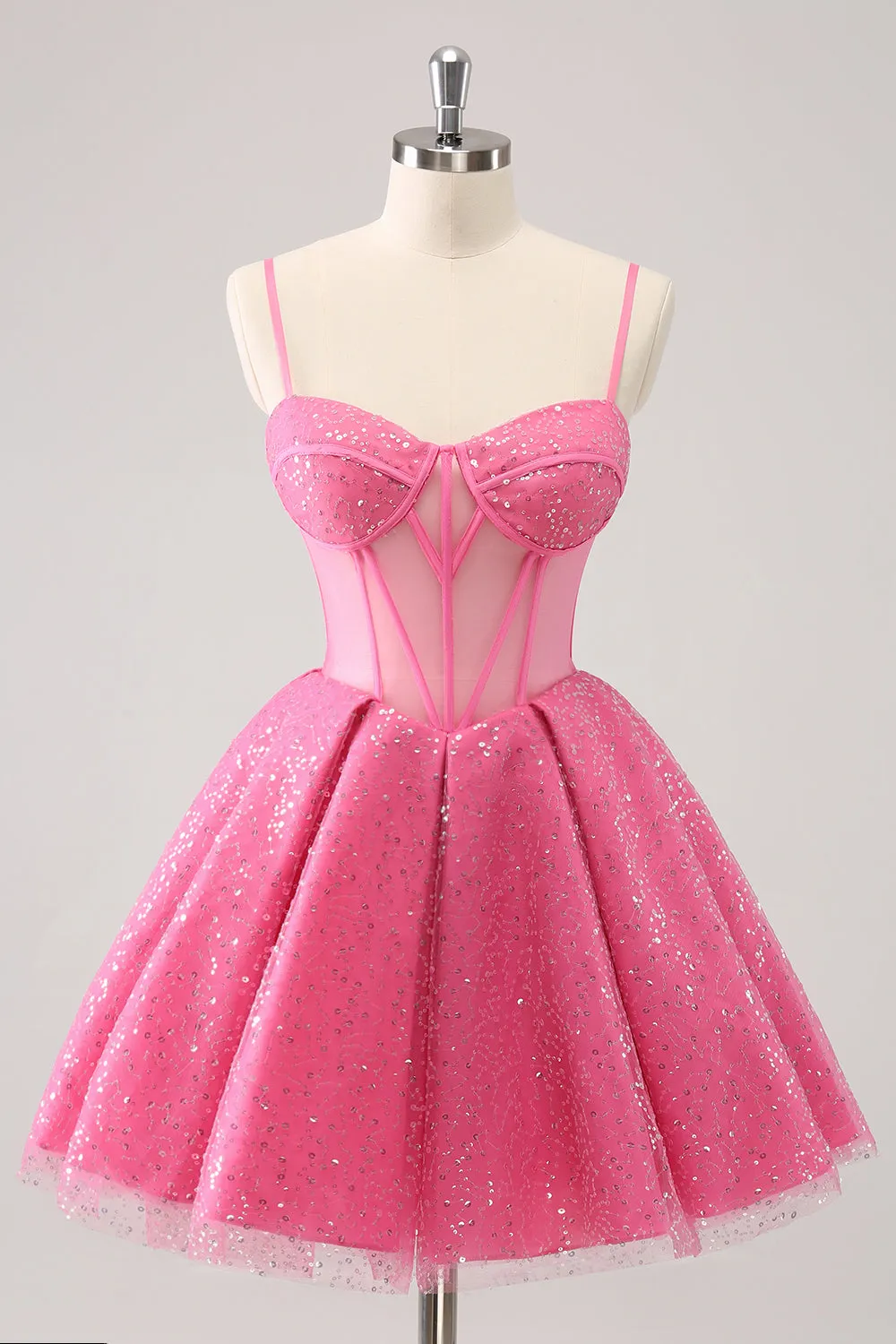 Pink A-Line Spaghetti Straps Corset Cocktail Dress with Sequins sold by Zapaka