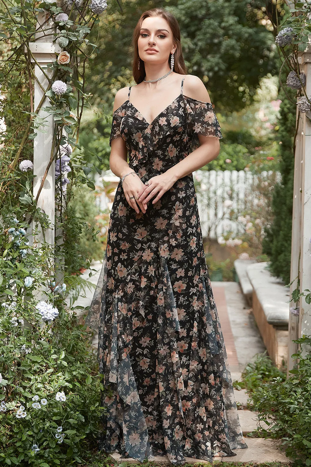 Black Chiffon Off Shoulder Prom Dress with Floral sold by Zapaka product image thumbnail 5
