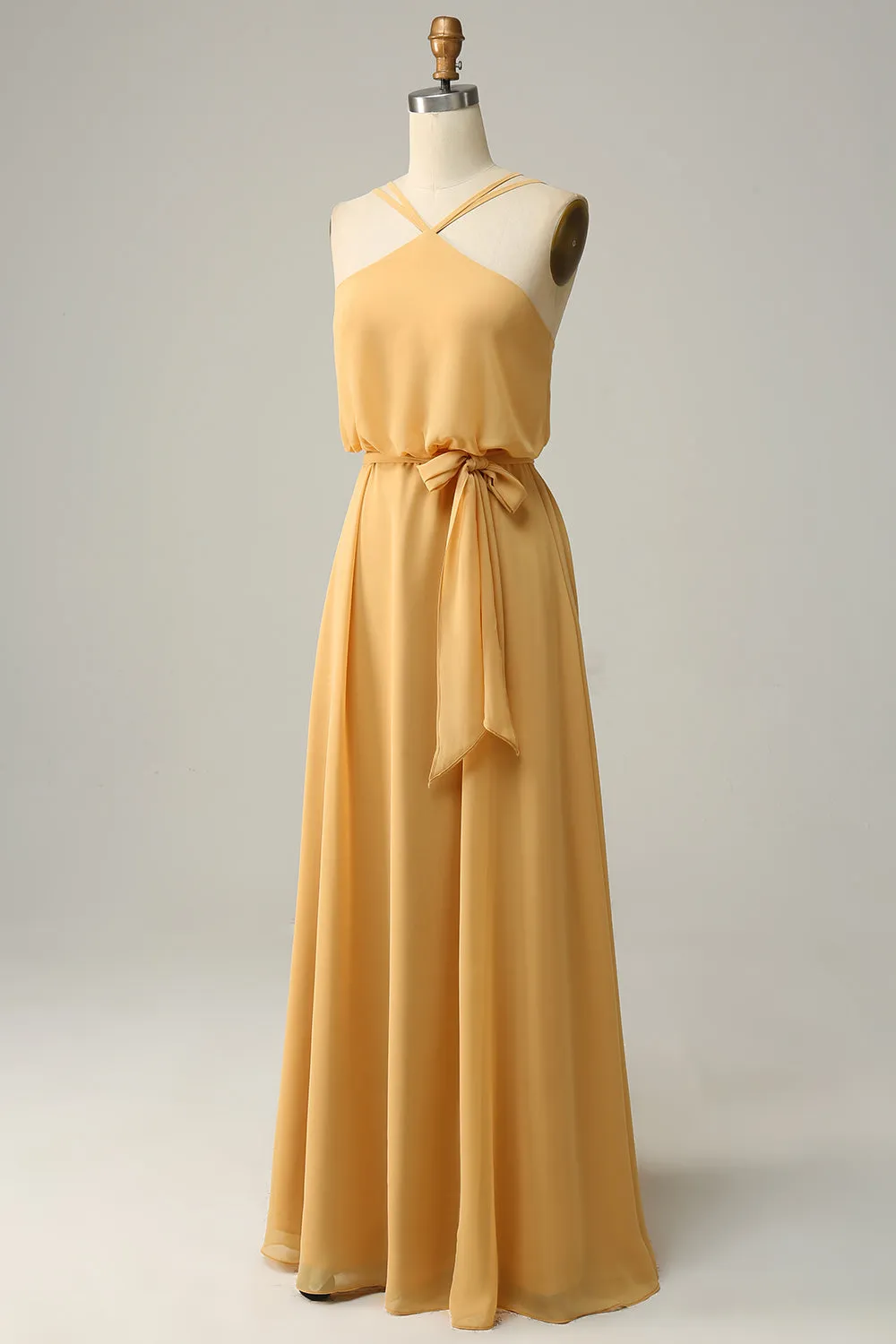 A Line Halter Yellow Long Bridesmaid Dress with Bowknot sold by Zapaka product image thumbnail 3