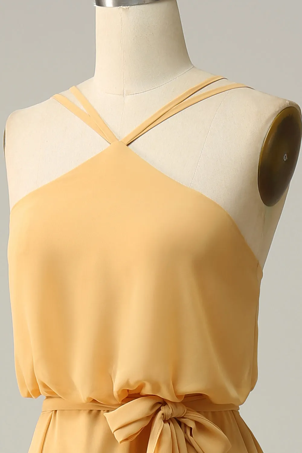 A Line Halter Yellow Long Bridesmaid Dress with Bowknot sold by Zapaka product image thumbnail 5