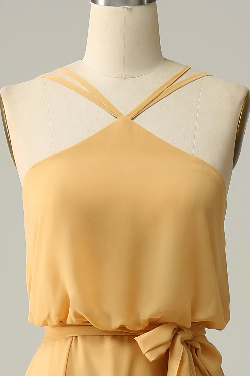 A Line Halter Yellow Long Bridesmaid Dress with Bowknot sold by Zapaka product image thumbnail 4
