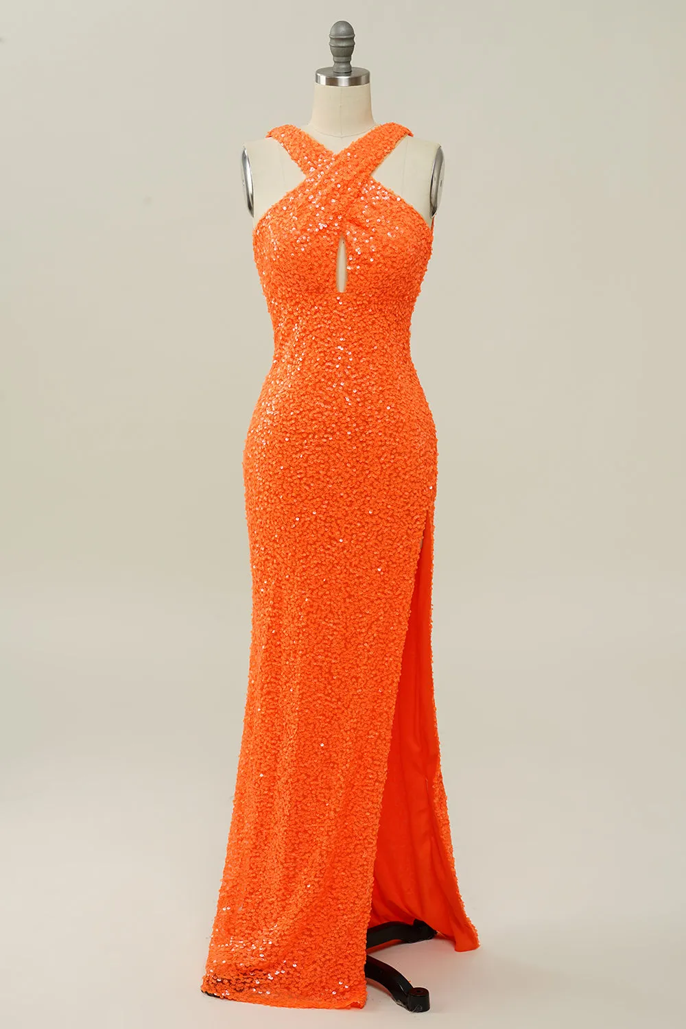 Orange Halter Sequined Backless Mermaid Prom Dress sold by Zapaka