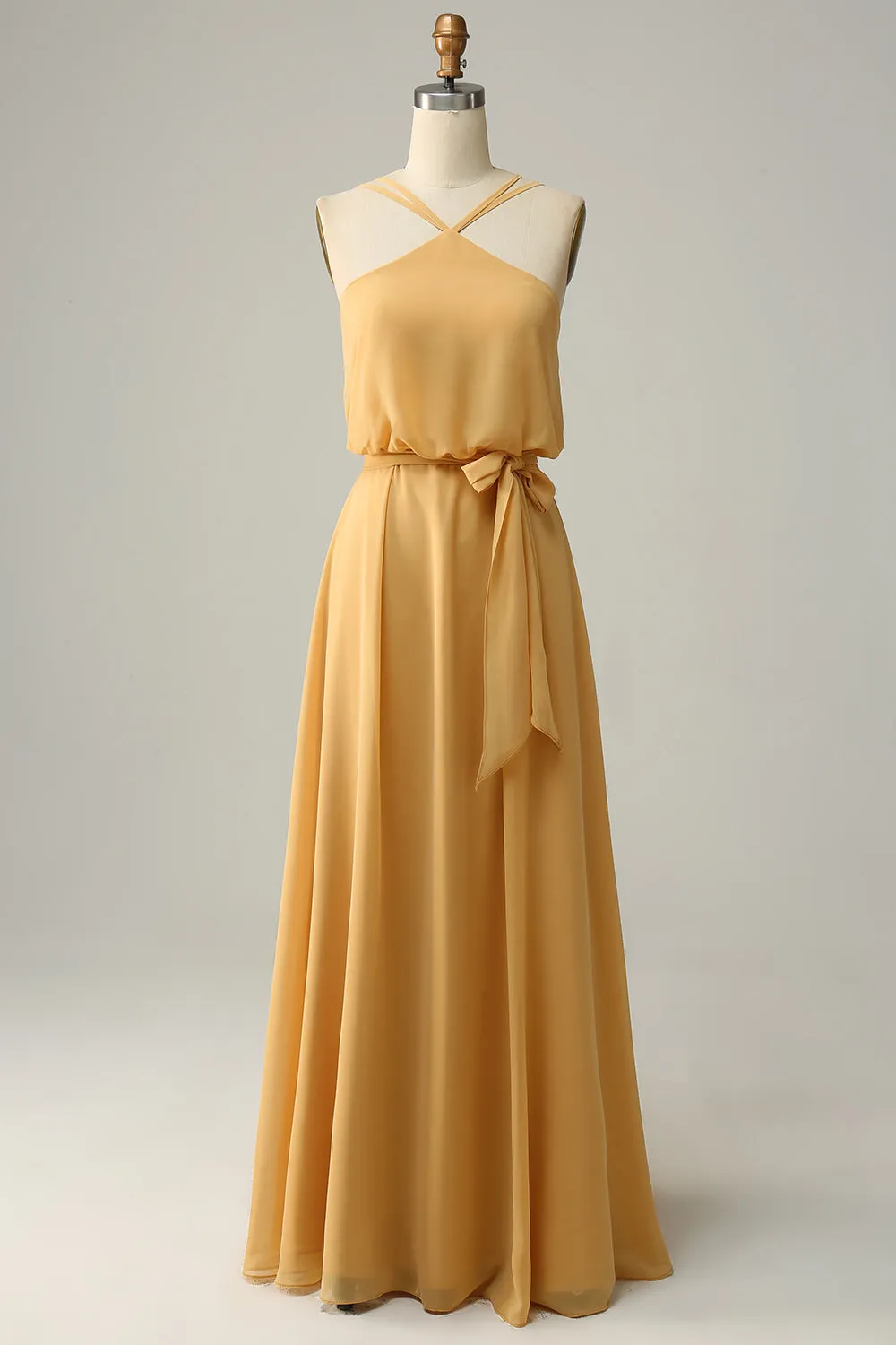 A Line Halter Yellow Long Bridesmaid Dress with Bowknot sold by Zapaka