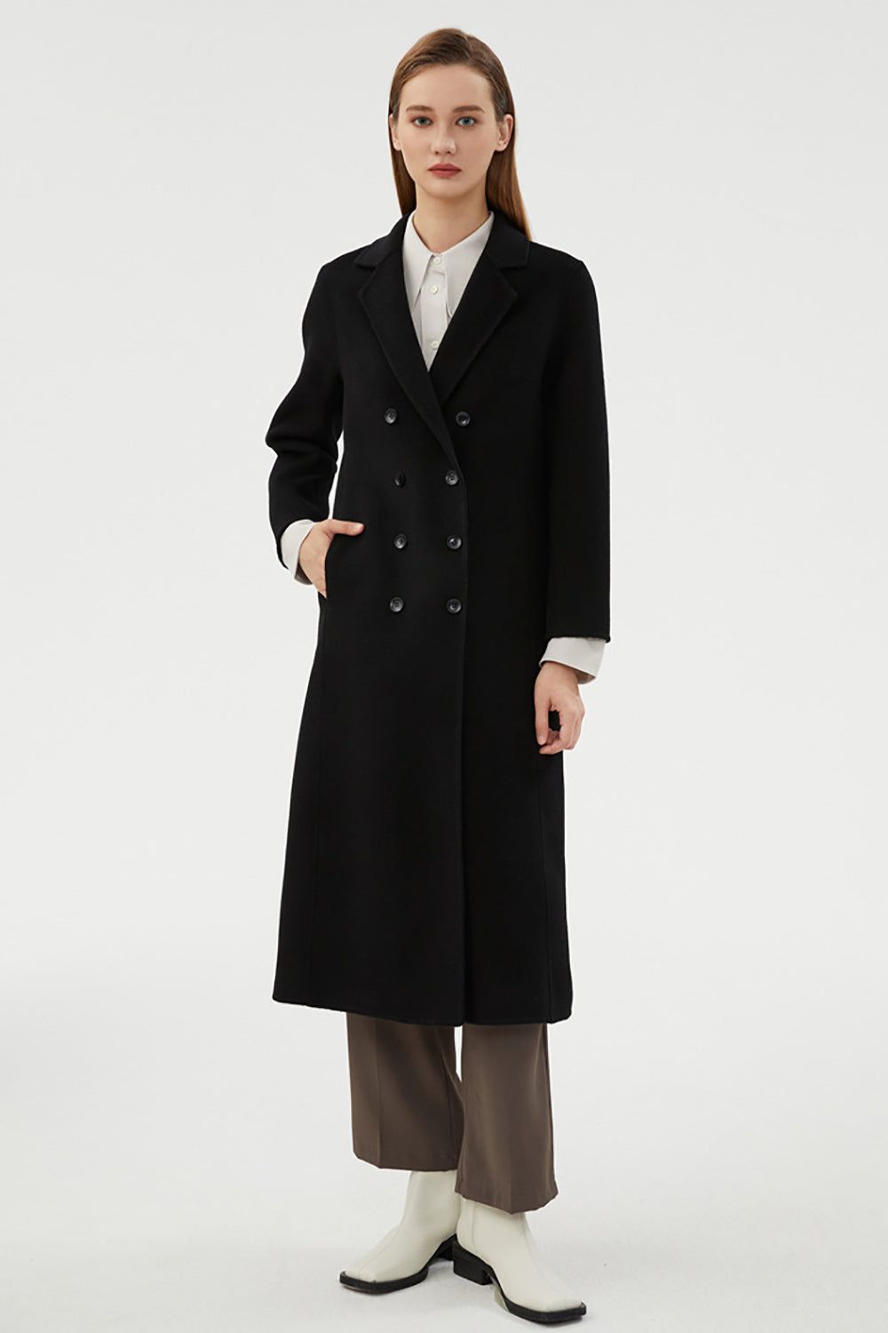 Black Double Breasted Notched Lapel Slim Simple Long Wool Coat With Pockets sold by Zapaka product image thumbnail 3