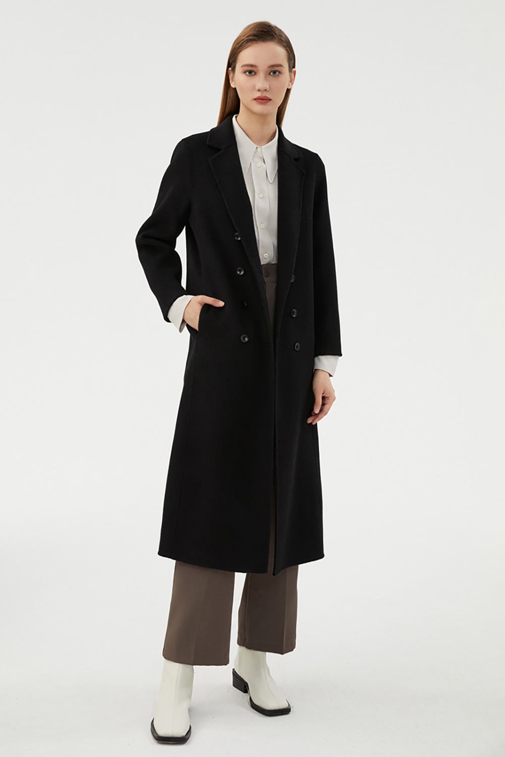 Black Double Breasted Notched Lapel Slim Simple Long Wool Coat With Pockets sold by Zapaka product image thumbnail 4