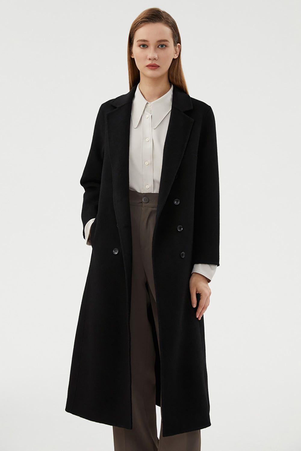 Black Double Breasted Notched Lapel Slim Simple Long Wool Coat With Pockets sold by Zapaka