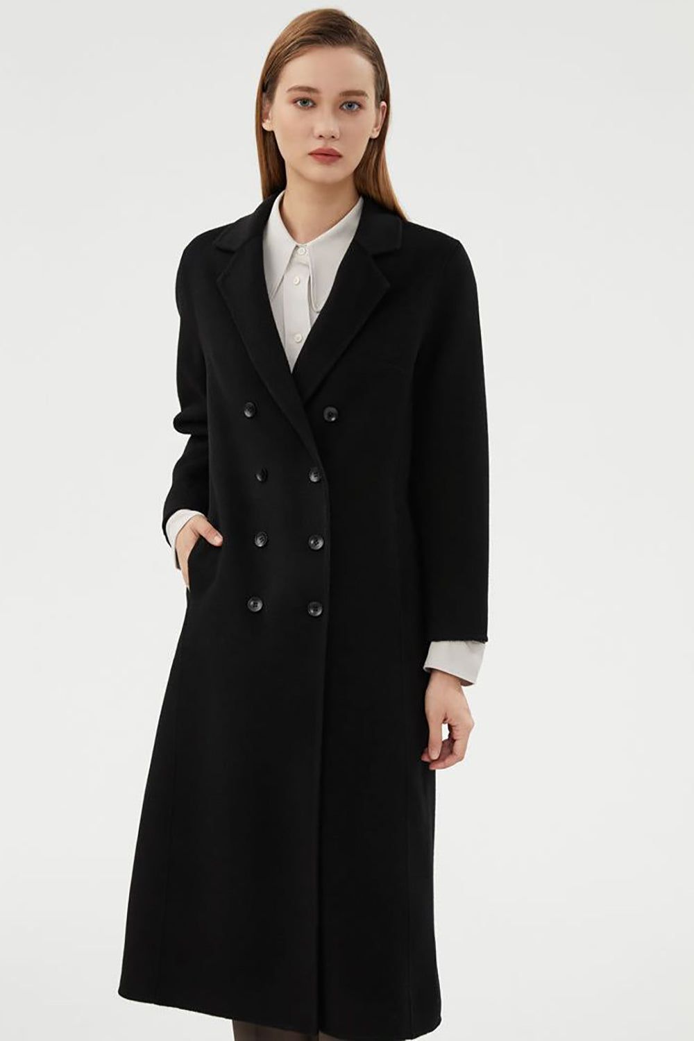 Black Double Breasted Notched Lapel Slim Simple Long Wool Coat With Pockets sold by Zapaka product image thumbnail 5