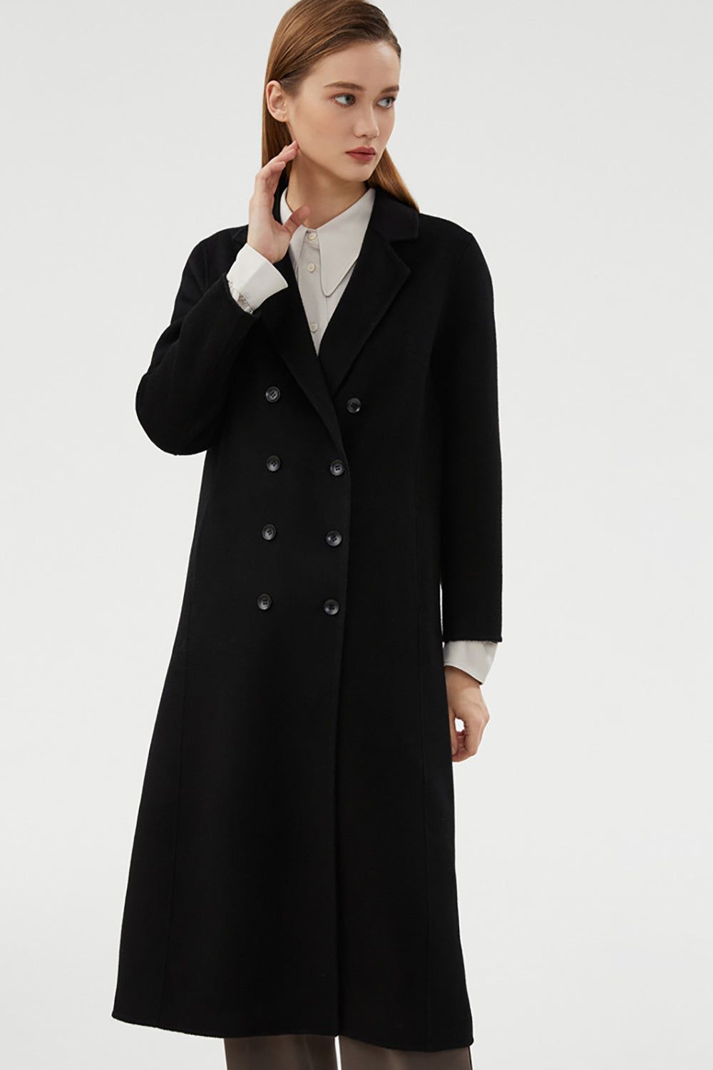 Black Double Breasted Notched Lapel Slim Simple Long Wool Coat With Pockets sold by Zapaka product image thumbnail 2