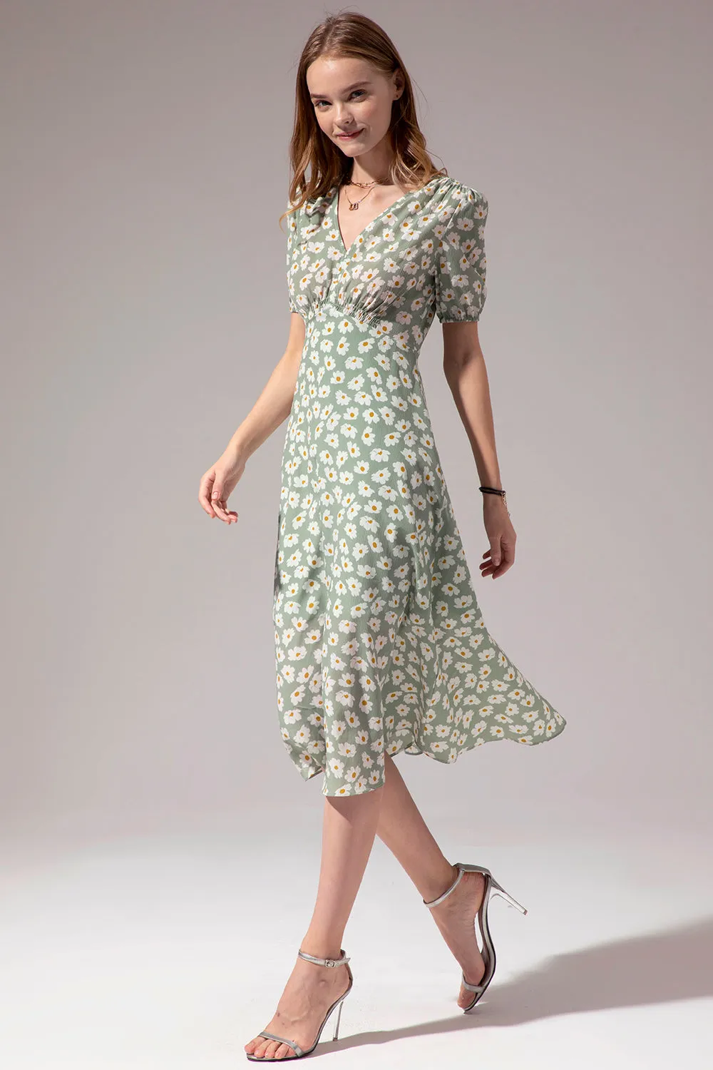 1950s Floral Print Green Casual Dress sold by Zapaka product image thumbnail 3