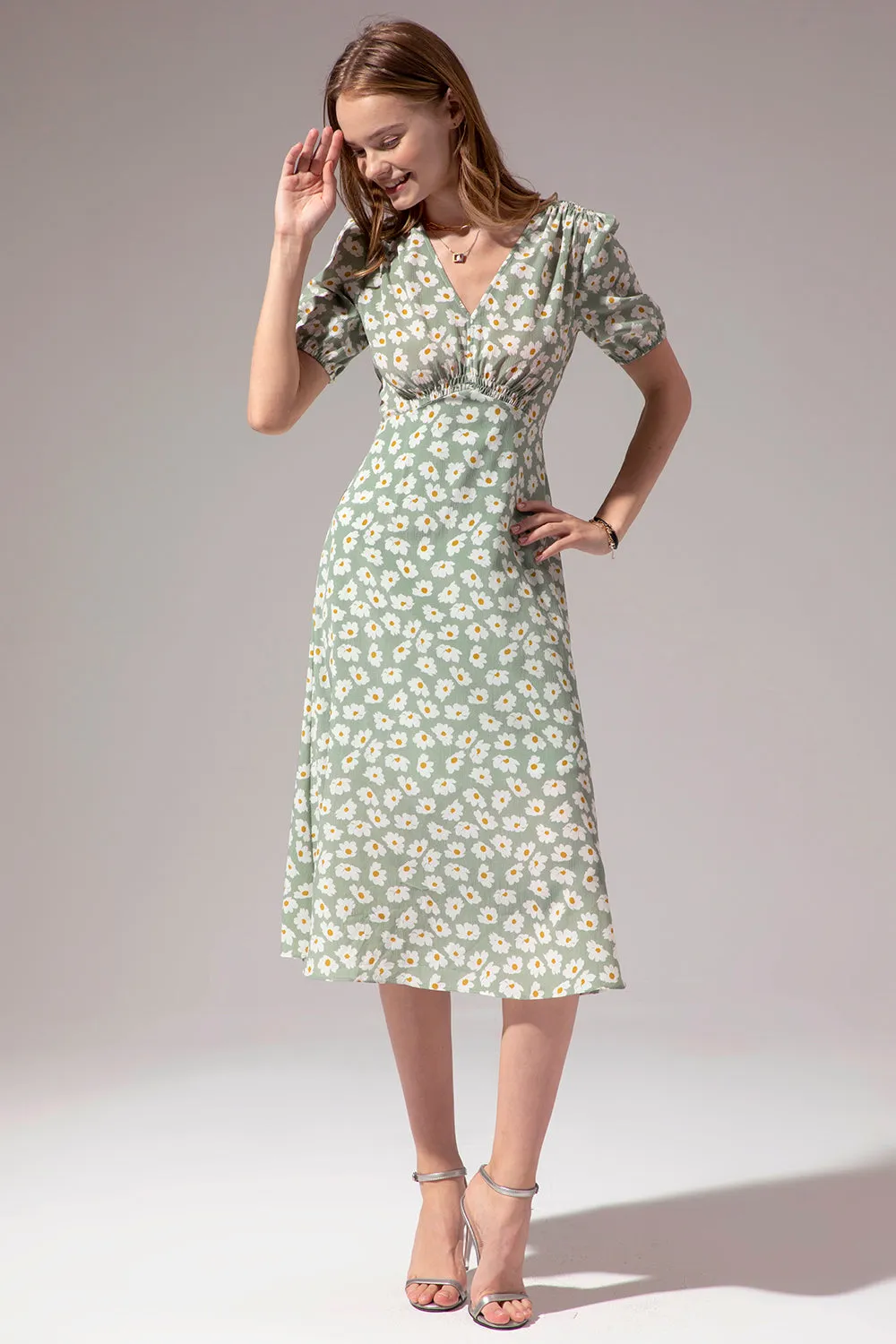 1950s Floral Print Green Casual Dress sold by Zapaka