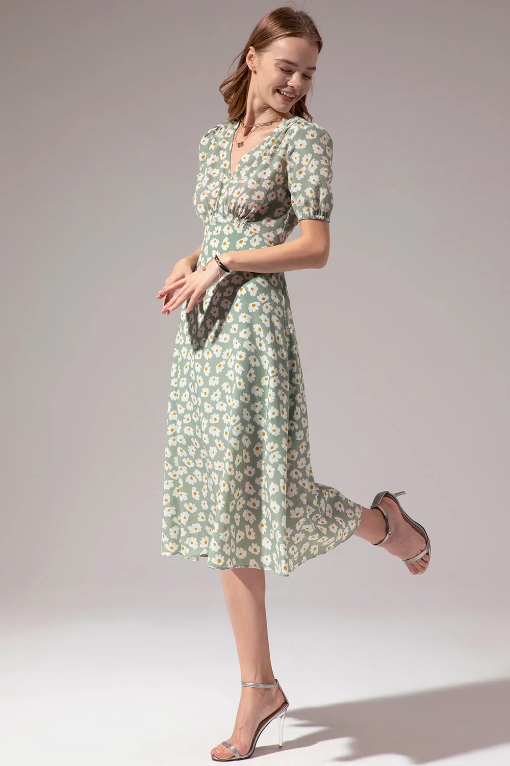 1950s Floral Print Green Casual Dress sold by Zapaka product image thumbnail 4