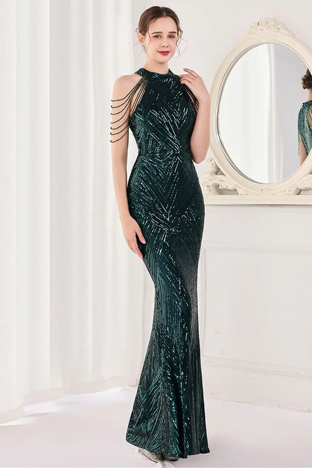 Mermaid Halter Dark Green Sequins Long Prom Dress sold by Zapaka product image thumbnail 5