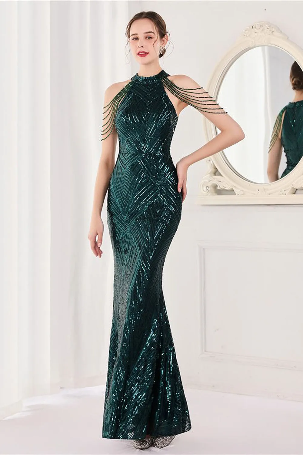 Mermaid Halter Dark Green Sequins Long Prom Dress sold by Zapaka product image thumbnail 3