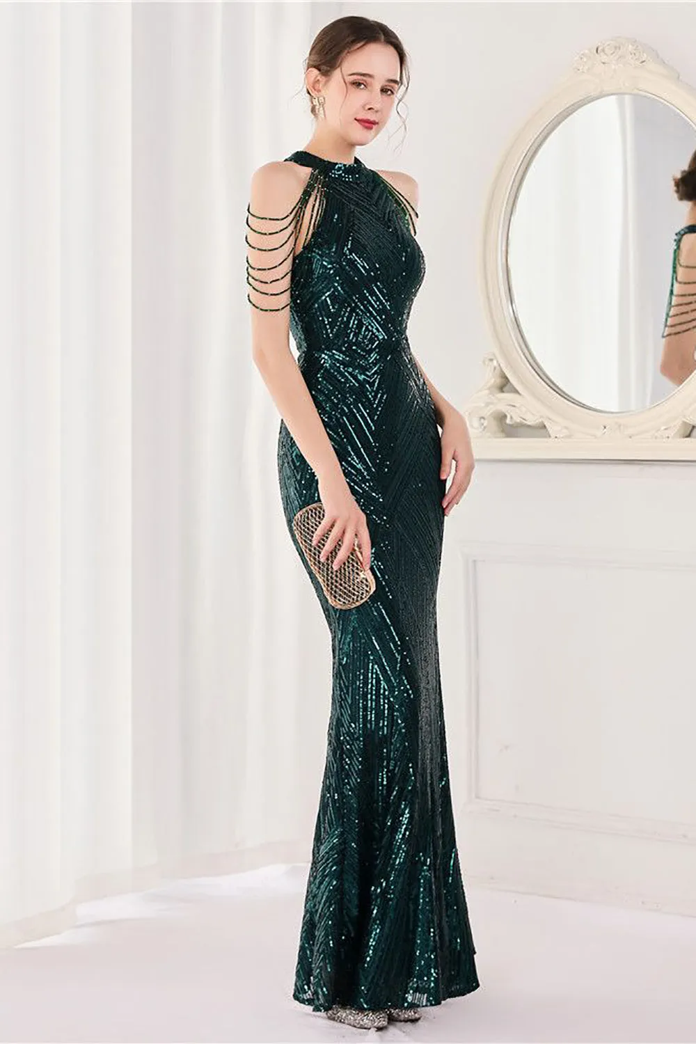 Mermaid Halter Dark Green Sequins Long Prom Dress sold by Zapaka product image thumbnail 4
