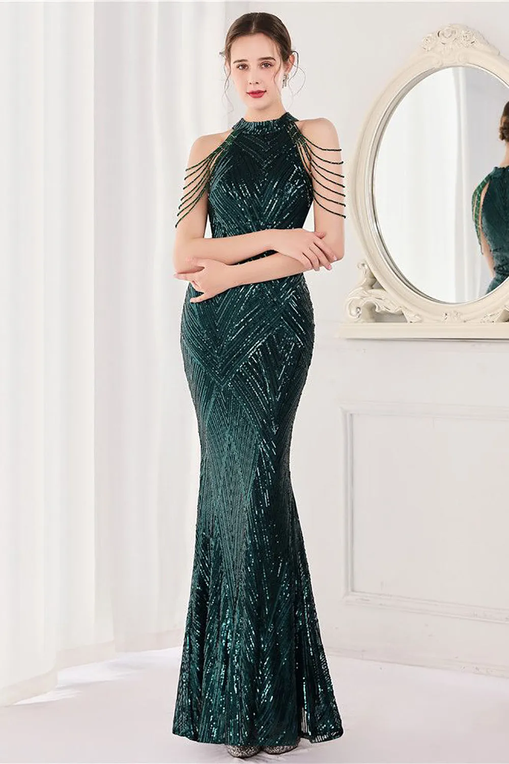 Mermaid Halter Dark Green Sequins Long Prom Dress sold by Zapaka