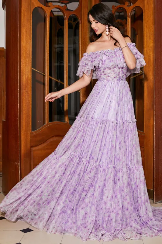 Gorgeous A Line Off the Shoulder Lilac Floral Long Prom Dress with Ruffles sold by Zapaka