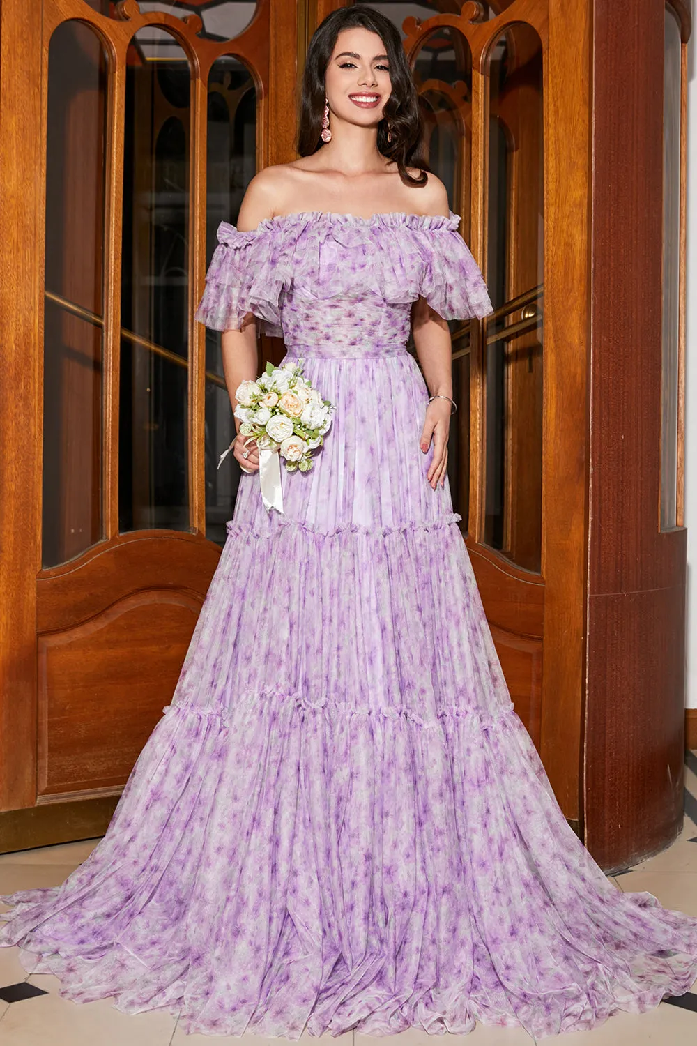 Gorgeous A Line Off the Shoulder Lilac Floral Long Prom Dress with Ruffles sold by Zapaka product image thumbnail 5