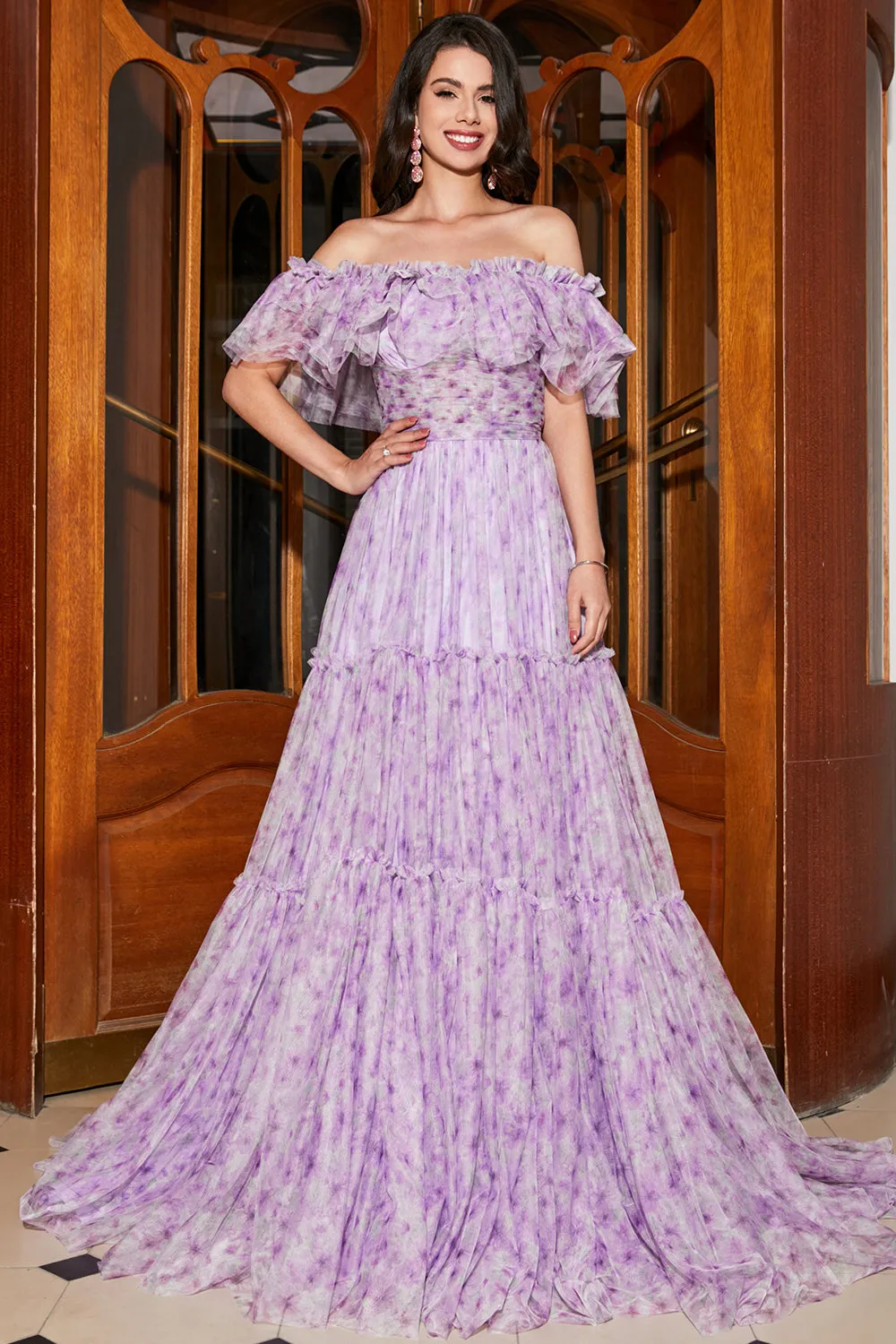 Gorgeous A Line Off the Shoulder Lilac Floral Long Prom Dress with Ruffles sold by Zapaka product image thumbnail 3
