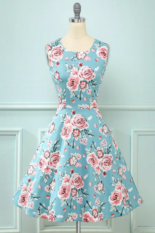 Blue Printed Floral Swing Vintage Dress sold by Zapaka