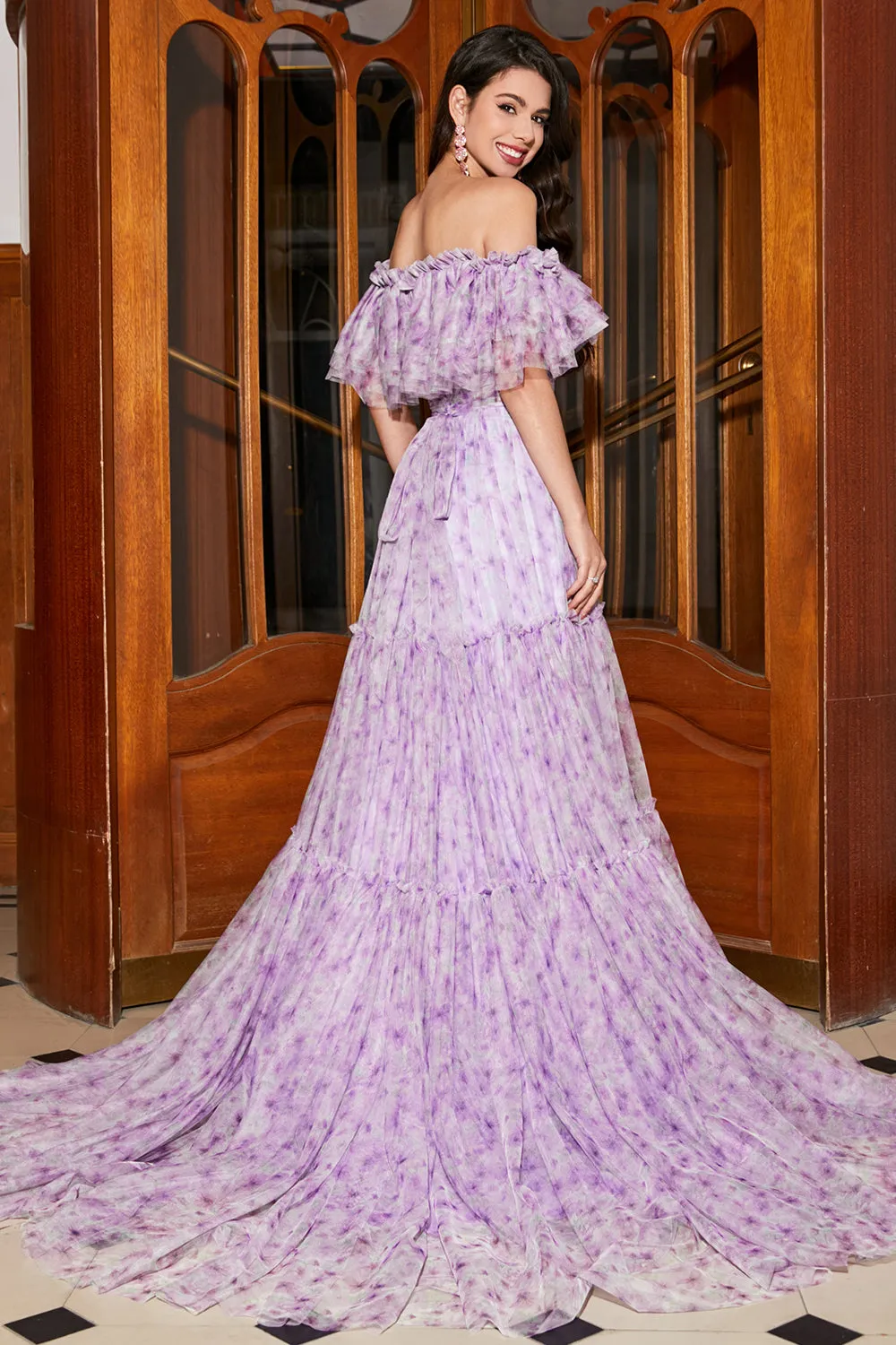 Gorgeous A Line Off the Shoulder Lilac Floral Long Prom Dress with Ruffles sold by Zapaka product image thumbnail 2
