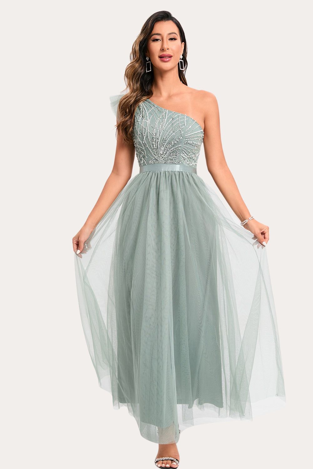 Sparkly Sage Beaded Long Tulle Prom Dress sold by Zapaka product image thumbnail 6