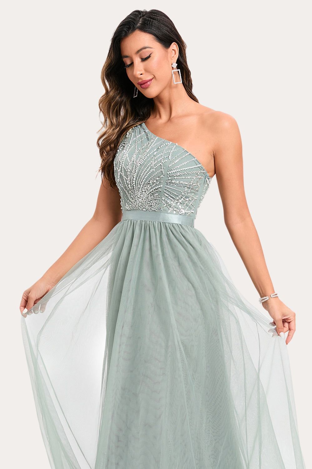 Sparkly Sage Beaded Long Tulle Prom Dress sold by Zapaka product image thumbnail 3