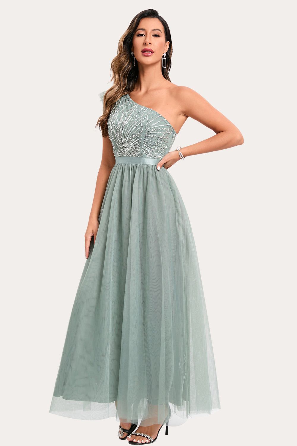 Sparkly Sage Beaded Long Tulle Prom Dress sold by Zapaka product image thumbnail 4