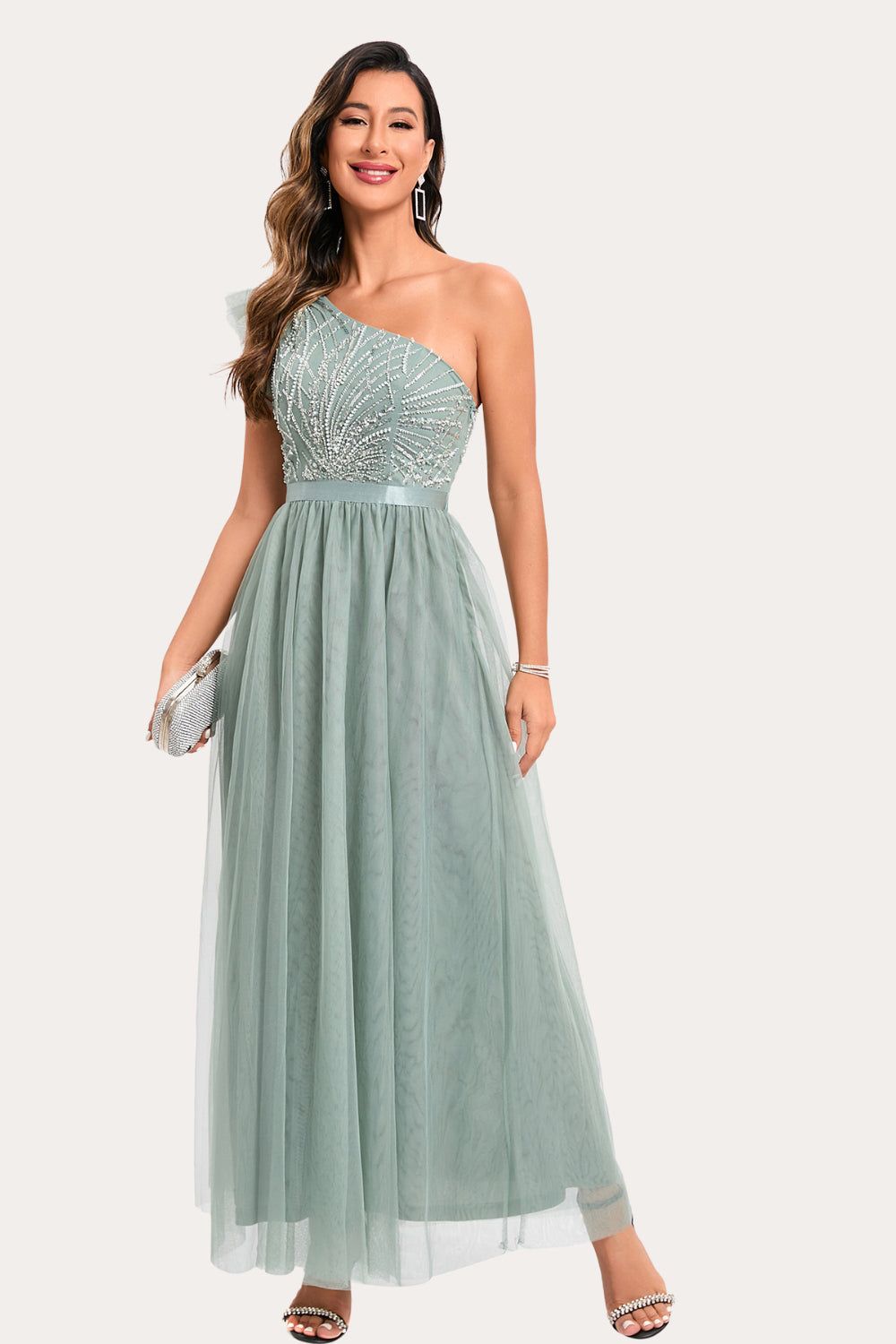 Sparkly Sage Beaded Long Tulle Prom Dress sold by Zapaka
