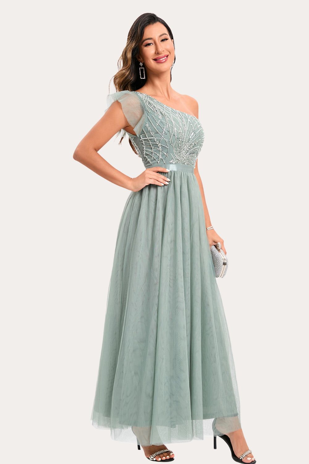 Sparkly Sage Beaded Long Tulle Prom Dress sold by Zapaka product image thumbnail 5