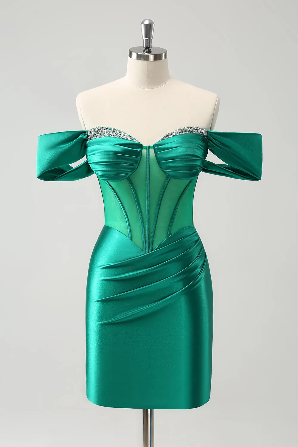 Green Off the Shoulder Satin Tight Homecoming Dress with Beading sold by Zapaka